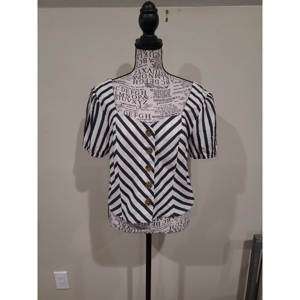 June & Hudson Women‎ SZ M Navy Cream Stripe cropped cotton top Beachy nautical